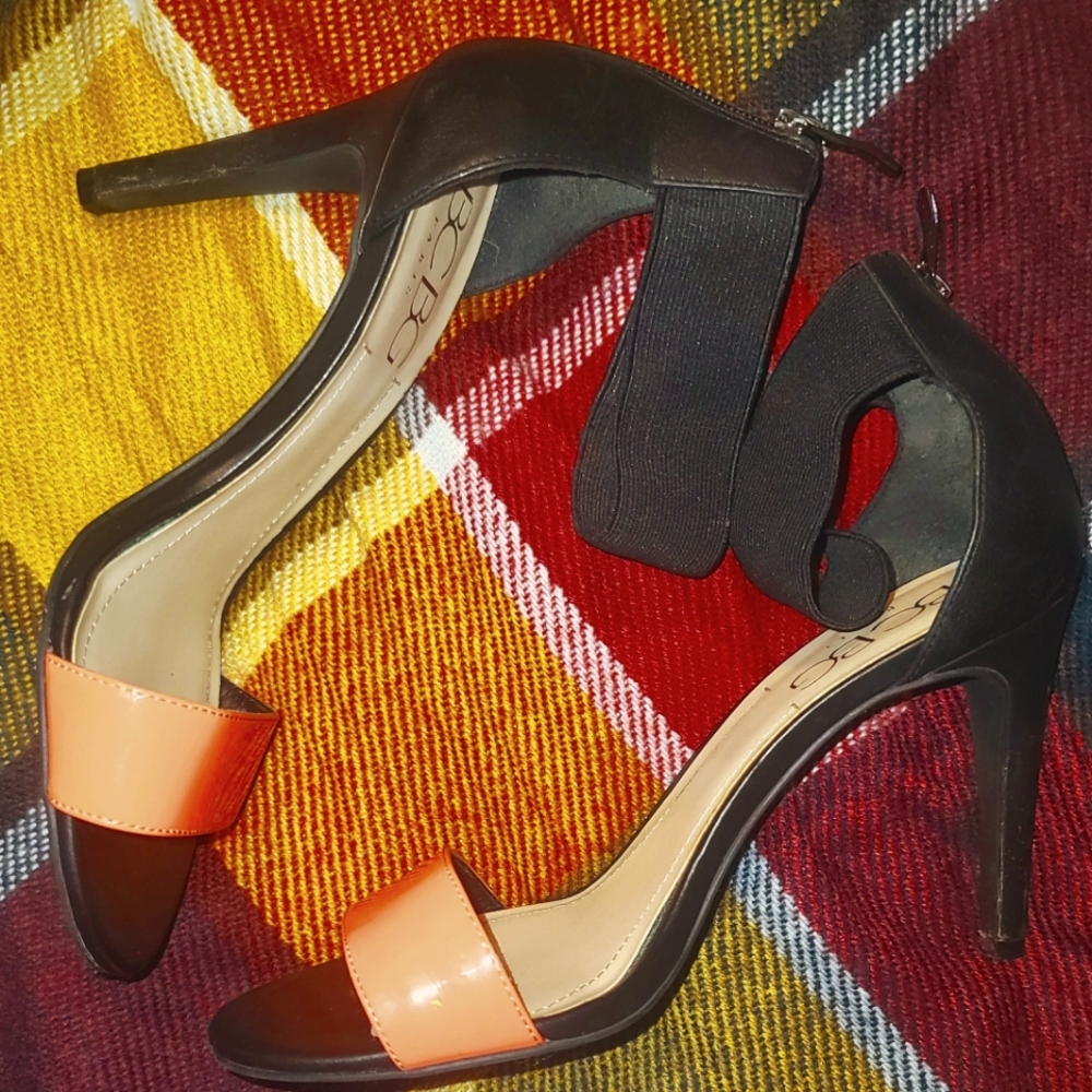 Strappy peach and black BCBG heels